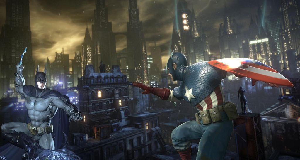کاپیتان امریکا و بتمن روی یک ساختمان بلند درحال مبارزه هستند.